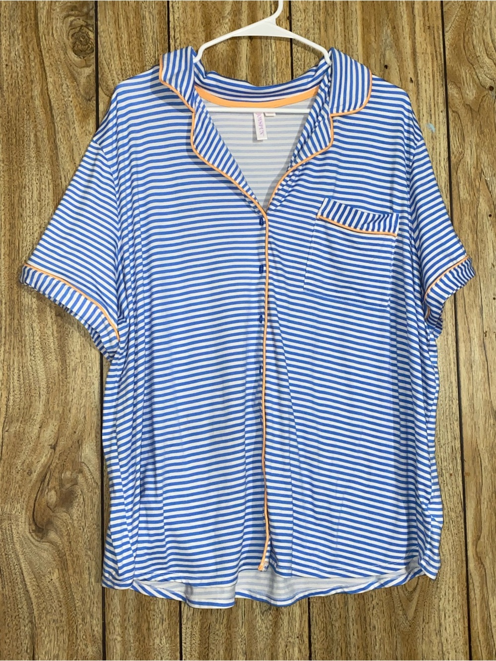 Blue & White Striped Short-Sleeve Pajama Top with Orange Piping